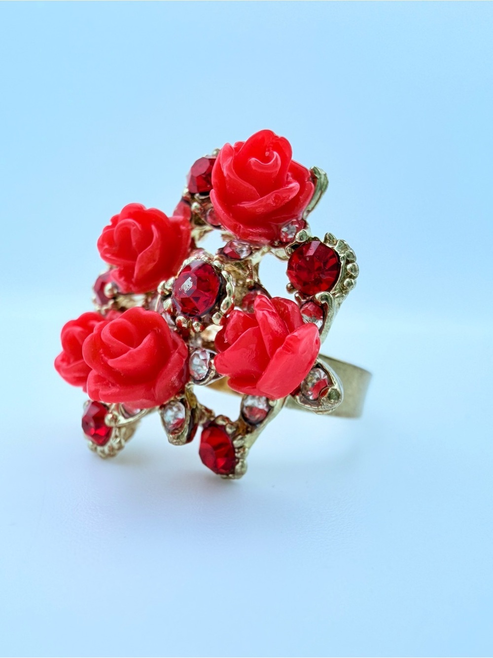 Statement Red Rose Rhinestone Adjustable Ring Gold Tone Romantic Coquette